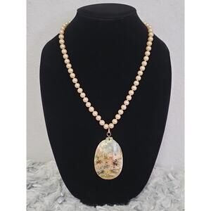 Vintage Antique Hand Painted Mother of Pearl Oval Pendant Glass Pearl Necklace